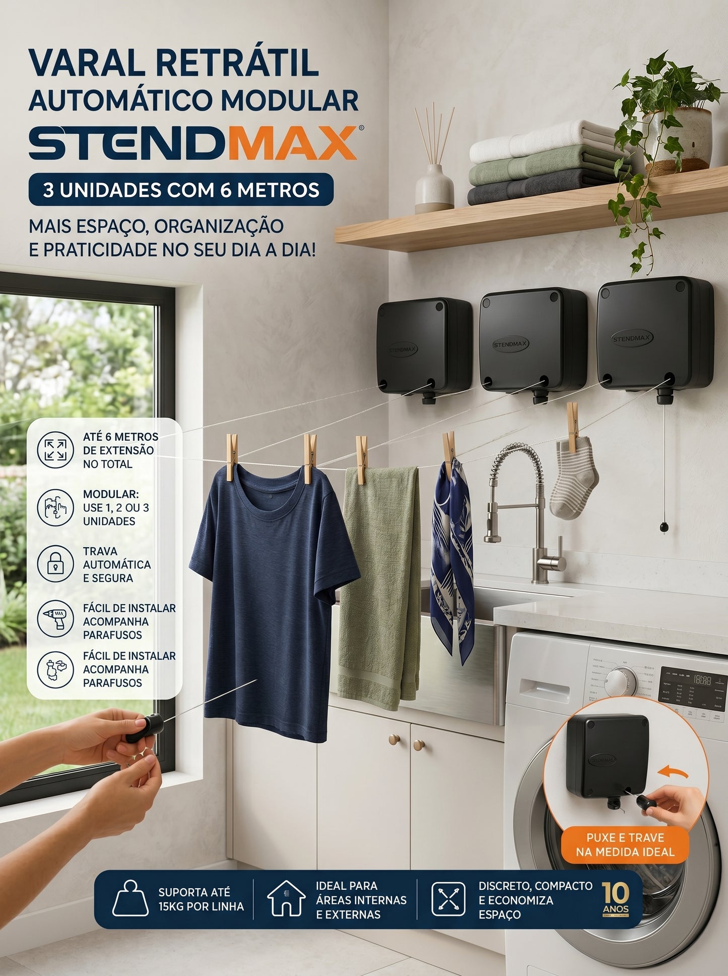Varal Retrátil Automático Black 18 Metros – 3 Módulos