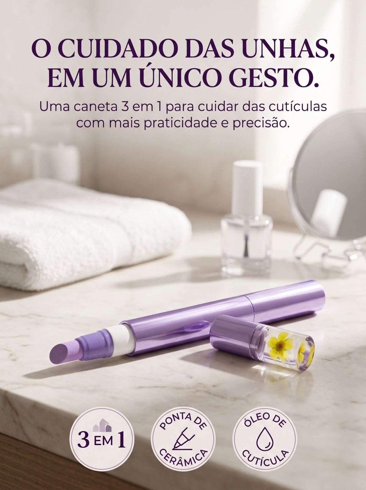 Caneta de Óleo de Cutícula 3 em 1 | Ponta de Cerâmica e Fragrância Floral