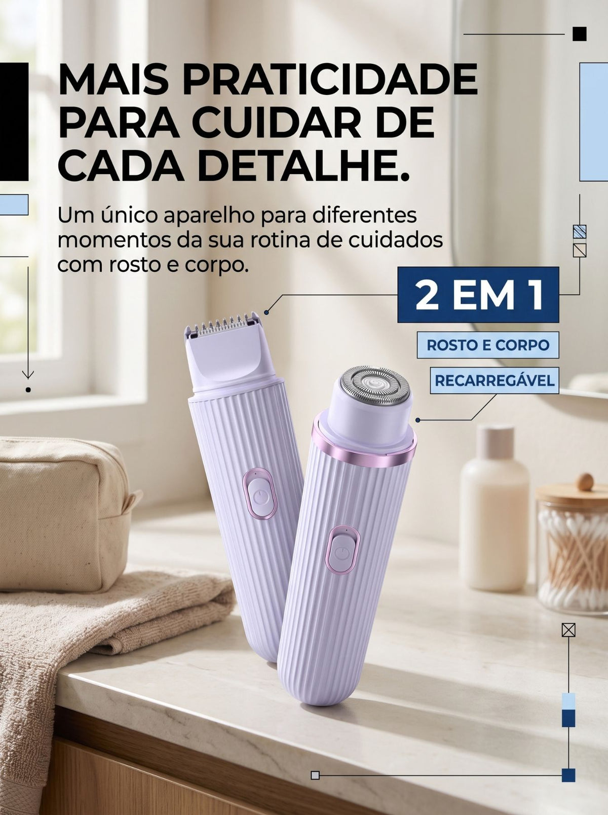 Depilador Elétrico Feminino 2 em 1 Recarregável | Aparador e Acabamento para Rosto e Corpo