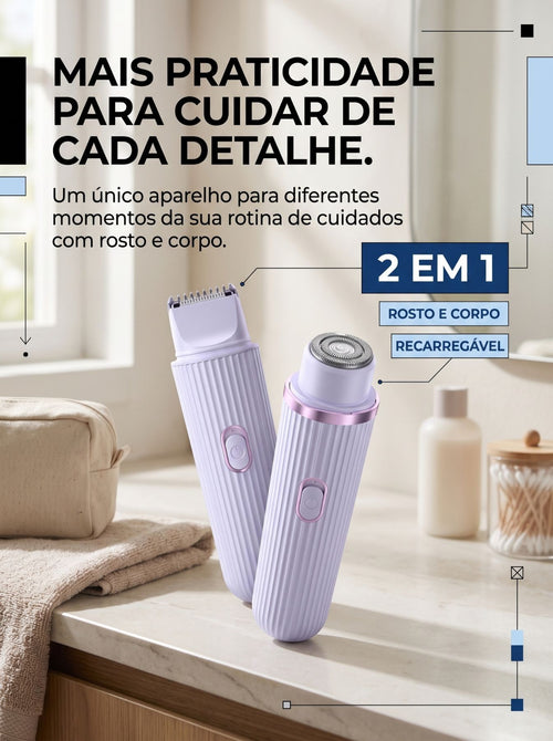 Depilador Elétrico Feminino 2 em 1 Recarregável | Aparador e Acabamento para Rosto e Corpo