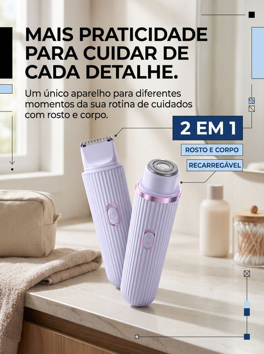 Depilador Elétrico Feminino 2 em 1 Recarregável | Aparador e Acabamento para Rosto e Corpo
