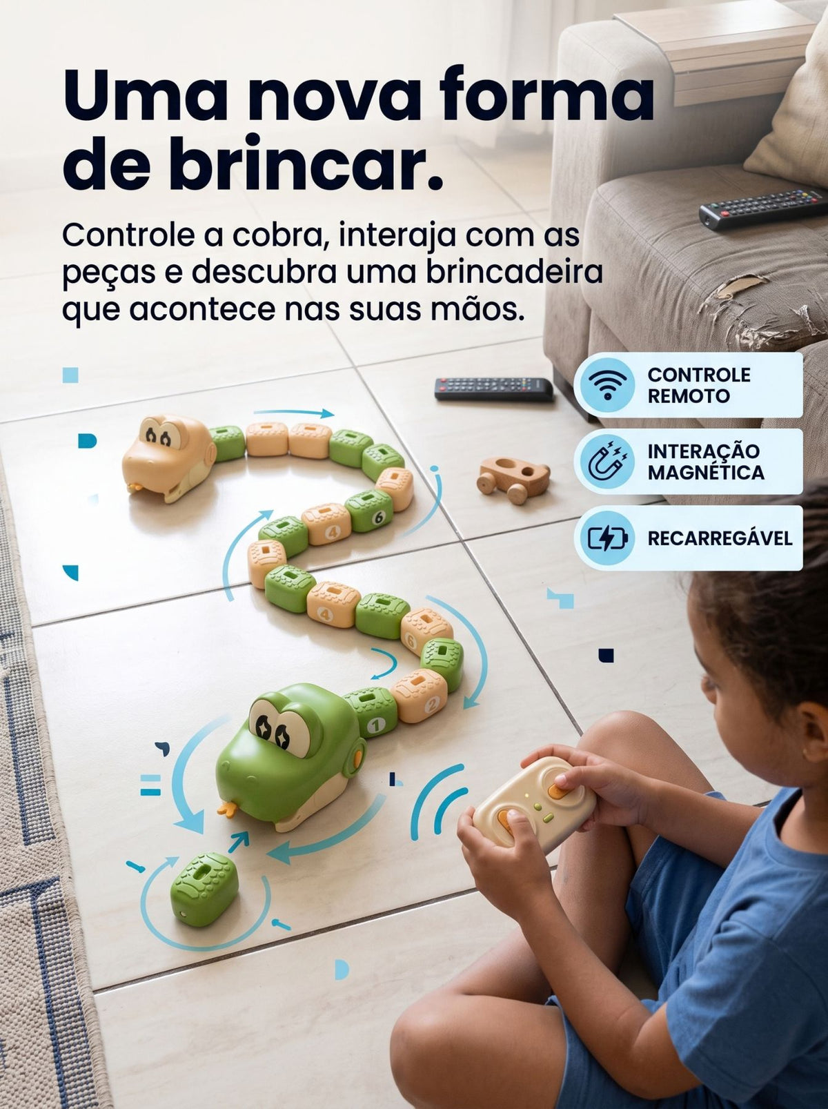 Cobra RC Magnética Recarregável com Controle Remoto | Brinquedo Interativo