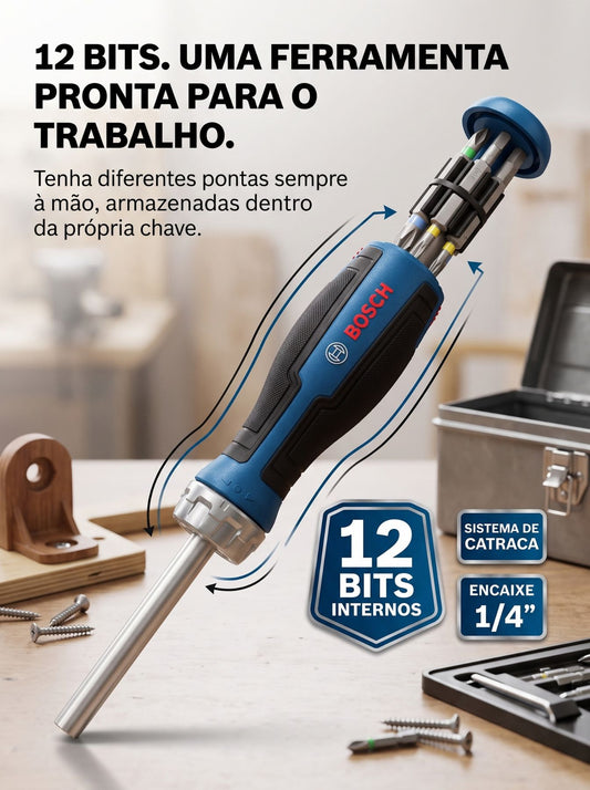 Chave Catraca Bosch com 12 Bits Internos | Encaixe 1/4" e Cabo Ergonômico
