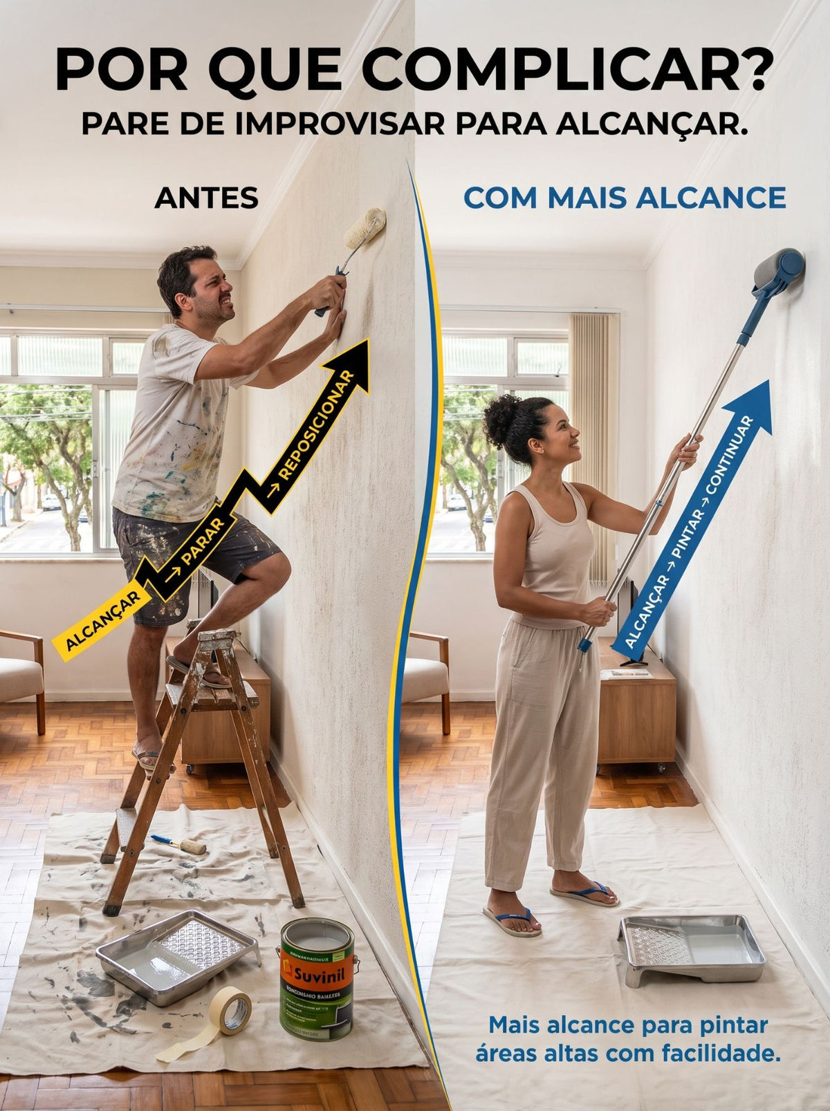 Rolo de Pintura com Extensor 75 cm | Mais Alcance para Paredes e Tetos