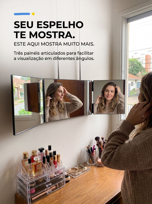 Espelho 3 Vias Dobrável | Visão Ampla para Maquiagem, Cabelo e Cuidados Pessoais