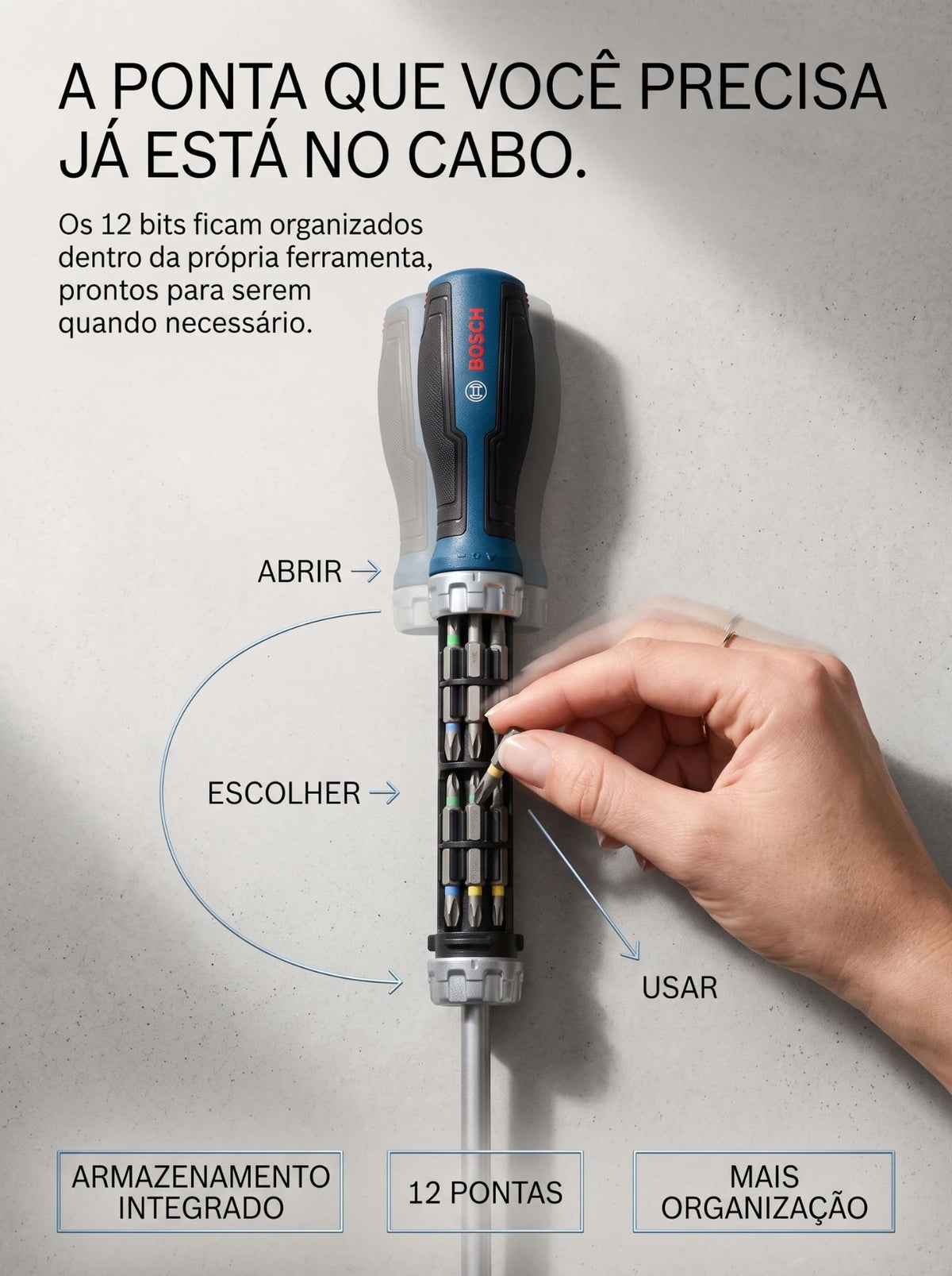 Chave Catraca Bosch com 12 Bits Internos | Encaixe 1/4" e Cabo Ergonômico
