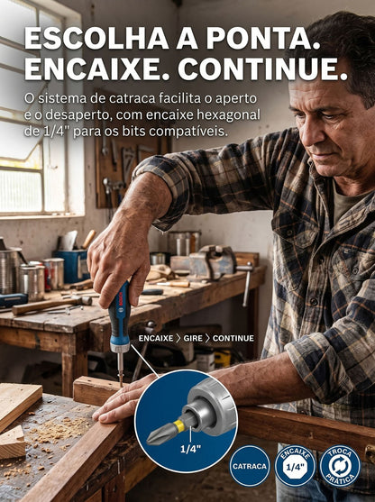 Chave Catraca Bosch com 12 Bits Internos | Encaixe 1/4" e Cabo Ergonômico