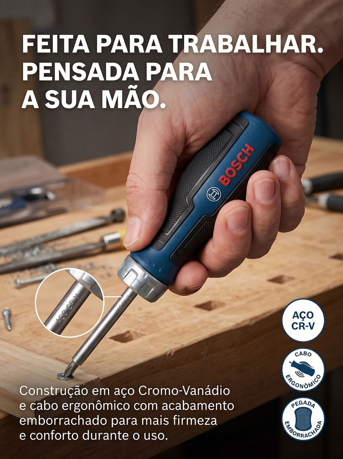 Chave Catraca Bosch com 12 Bits Internos | Encaixe 1/4" e Cabo Ergonômico