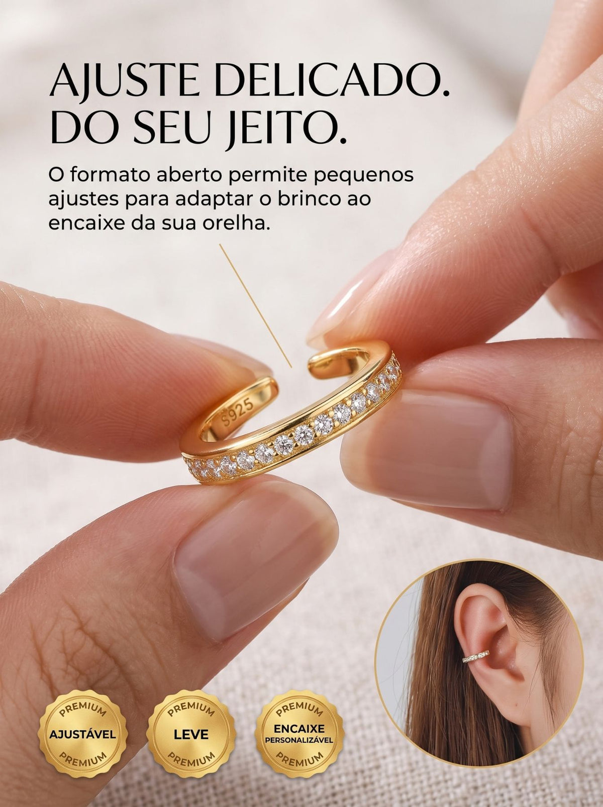 Presilha Estética para Orelha Ajustável | Clipe Discreto Dourado ou Prata