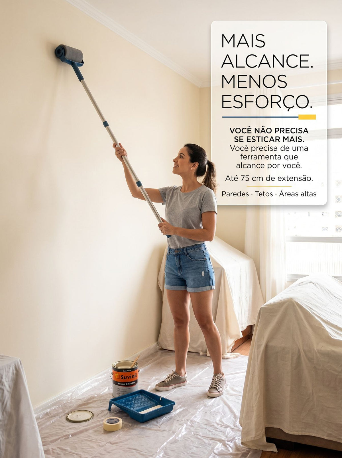 Rolo de Pintura com Extensor 75 cm | Mais Alcance para Paredes e Tetos