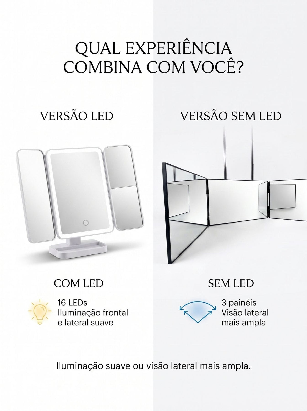 Espelho 3 Vias Dobrável | Visão Ampla para Maquiagem, Cabelo e Cuidados Pessoais