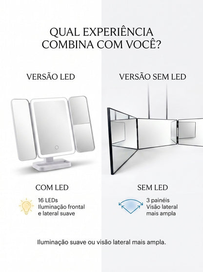 Espelho 3 Vias Dobrável | Visão Ampla para Maquiagem, Cabelo e Cuidados Pessoais