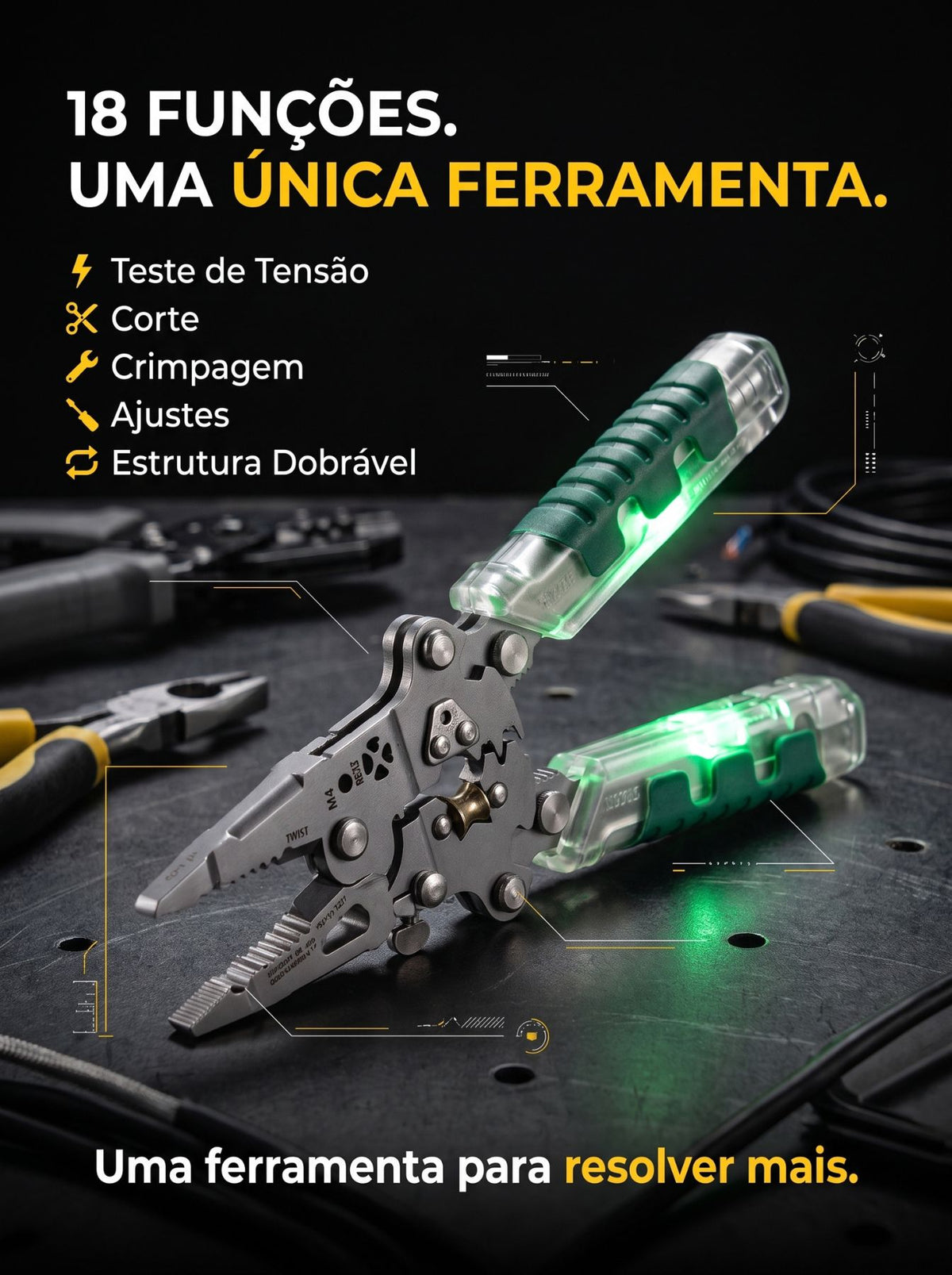 Alicate Multifuncional 18 em 1 para Fios | Decapador, Crimpador, Cortador e Detector de Tensão