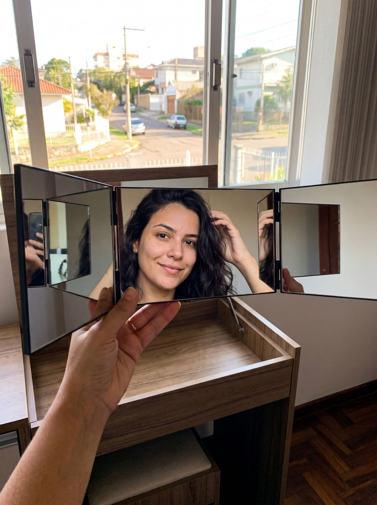 Espelho 3 Vias Dobrável | Visão Ampla para Maquiagem, Cabelo e Cuidados Pessoais
