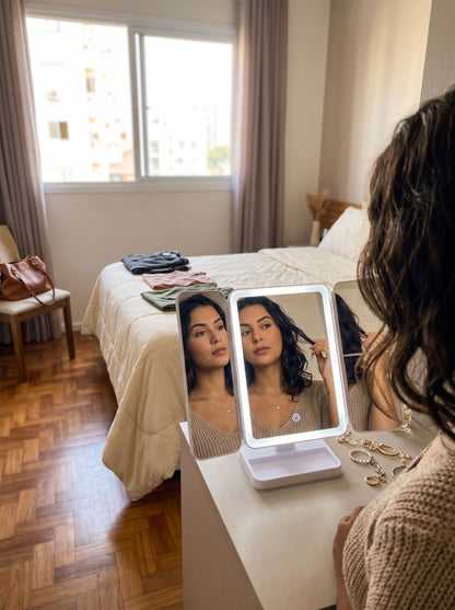Espelho 3 Vias Dobrável | Visão Ampla para Maquiagem, Cabelo e Cuidados Pessoais