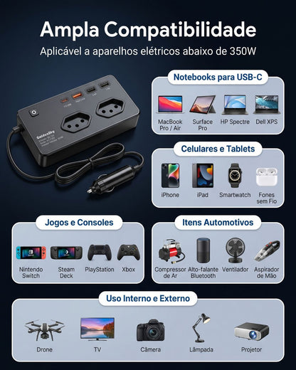 Inversor 350W para Carro | Energia Extra na Estrada