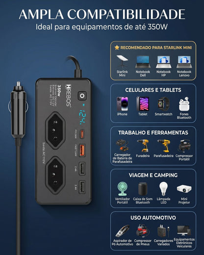 Inversor Veicular 350W com Display Digital | Tomada Inteligente