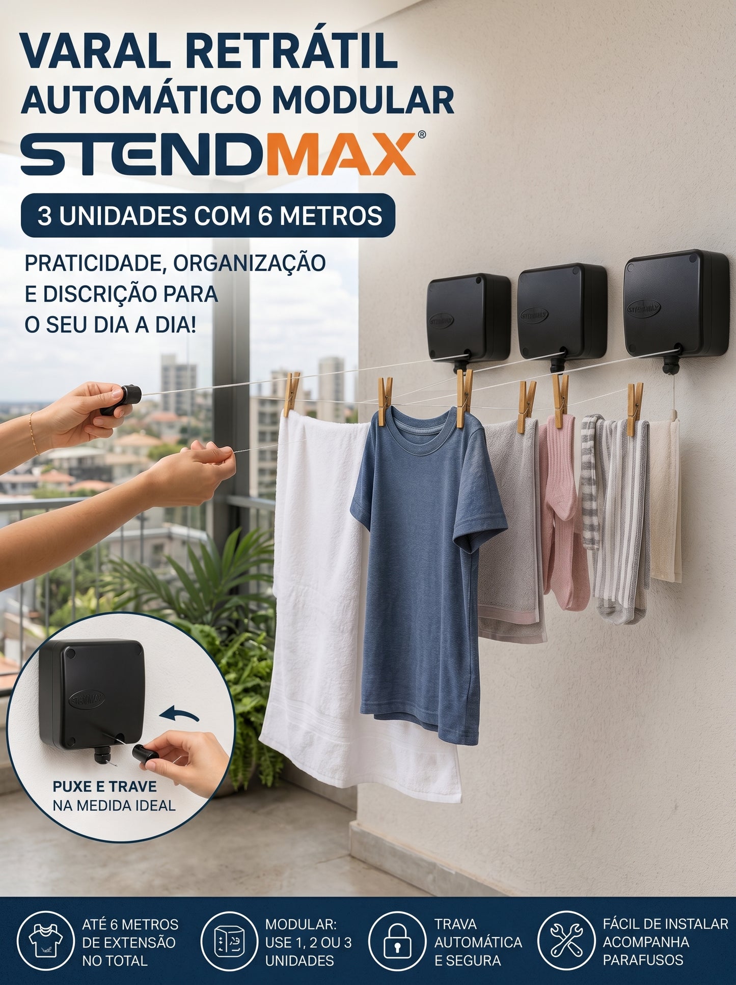 Varal Retrátil Automático Black 18 Metros – 3 Módulos