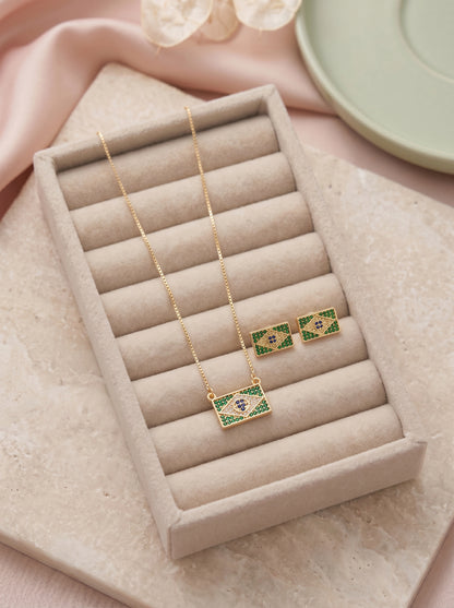 Conjunto Encanto do Brasil ✨ Colar + Brinco Cravejado