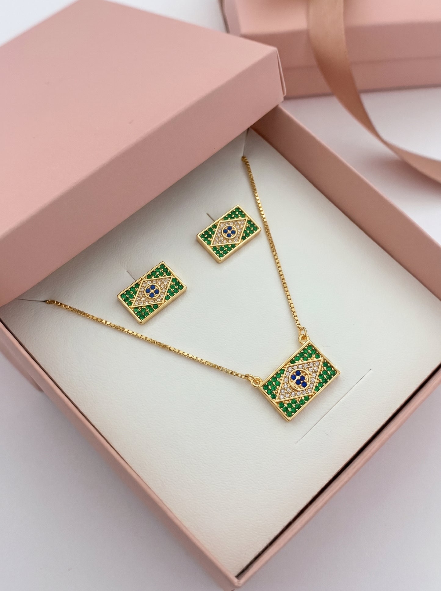 Conjunto Encanto do Brasil ✨ Colar + Brinco Cravejado