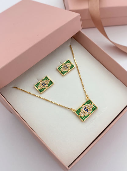 Conjunto Encanto do Brasil ✨ Colar + Brinco Cravejado
